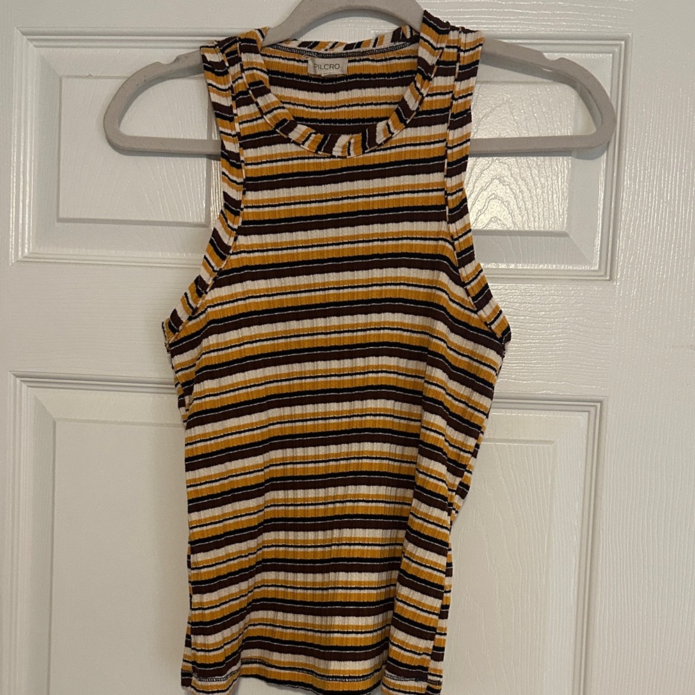 Pilcro Ribbed Striped Tank in Mustard, Black & White